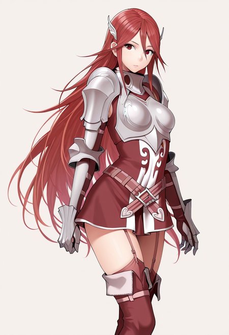 masterpiece, best quality, crimsonj-girl.fightil, , 
  1girl, Cordelia, long hair, red hair, hair ornament, red eyes, armor, armored dress, breast plate, belt, thighhighs, garter straps, gauntlets, breasts, boots, 
simple background, , perfect anatomy