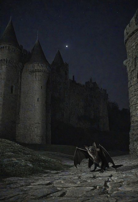bat walking around a castle at night