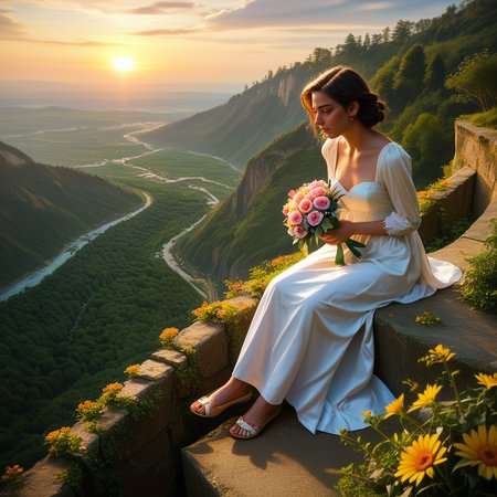 score_9, score_8_up, score_7_up,  source_photo, 8k skin textures,,high_quality_photography, source_photo, highly_detailed, very_aesthetic, beautiful, realistic,pretty woman,sitting on a cliff,above ocean,sunset,crying,holding valentine,bouquet of flowers thrown on the ground, man walking away in background,zPDXL2