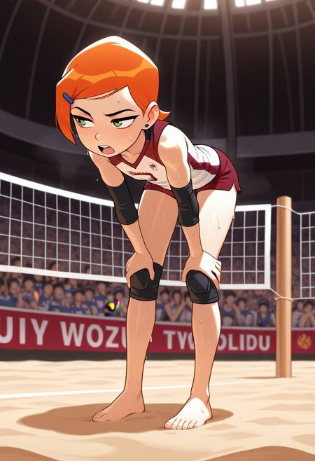 masterpiece, best quality, amazing quality, very aesthetic, high resolution, ultra-detailed, absurdres, newest,
Gwendolyn_Tennyson, 1girl, solo, toned, beautiful, 
<lora:GwenTen-Illus-13:1>
indoors, volleyball uniform, sportswear, elbow pads, elbow sleeve, knee pads, sleeveless, shorts, short shorts, looking away, audience, beach,Beachvolleyball, sweat, open mouth, steam, leaning forward, hands on own knees, exercising, full body, barefoot, sandy ground, outdoor, from behind