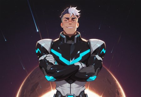 masterpiece, best quality, newest, absurdres, highres, male, bara, male focus, 1boy, muscular, v-taper, long torso, narrow waist,Shiro, undercut, multicolored hair, brown eyes, armor, smirk, arms crossed, spaceship, outerspace, low light

muses_in_dark,inconsistent lighting,ha1k1, hairy