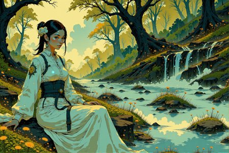 <lora:Fancha_style_v.5:1.2> Fancha style. The image portrays a graceful, adult woman seated beside a tranquil stream in a lush, verdant forest. Her attire is composed of light blue, flowing layers of fabric, intricately adorned with delicate floral embroidery that enhances its elegance and femininity. The soft, cool tones of her dress harmonize beautifully with the surrounding natural environment, blending seamlessly with the shimmering water and vibrant greenery. The upper portion of her dress is fitted, complemented by semi-sheer sleeves that drape gracefully down her arms. A deep navy sash cinches her waist, its long ends cascading elegantly over the layered skirt, which catches the sunlight filtering through the forest canopy, giving the fabric a luminous and ethereal quality. Her dark, flowing hair is partially tied with floral adornments in soft white, complementing the blue tones of her attire. Loose strands frame her serene expression, adding to her natural allure. The backdrop features moss-covered rocks, cascading water, and a dense expanse of foliage, softly illuminated by golden sunlight streaming through the trees. This harmonious composition, with its serene palette and intricate detailing, evokes a sense of timeless beauty and tranquility, seamlessly integrating the woman into her enchanting environment.