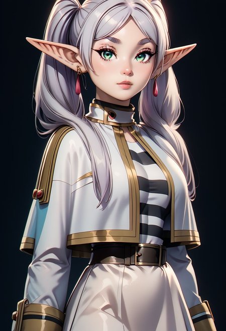 score_9, score_8_up, score_7_up, score_6_up, score_5_up, score_4_up score_9,score_8_up, digital art, upper body shot, realistic 3D illustration, 
BREAK,
zzFrieren, long hair, twintails, green eyes, grey hair, pointy ears, elf, shirt, long sleeves, jewelry, earrings, striped, white capelet, striped shirt, white skirt, black pantyhose,
BREAK, 
subsurface scattering, soft lighting, contemplative expression, dark background, subtle makeup, high-resolution, detailed texture, emotional depth, dramatic mood, side profile, serene atmosphere, cinematic lighting. perfectly round breasts, big breasts, firm breasts, SkinHairDetail, (eye contact, looking at viewer:1),