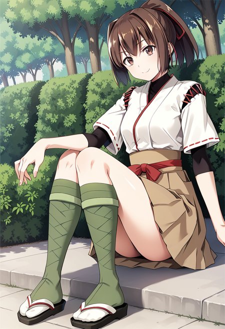green happi, green haori, <lora:KC_05BB_ise_pony-000036:1>  isekc, brown hair, ponytail, hair ribbon, red ribbon, brown eyes,    isedefkc, short_sleeves_brown_skirt, japanese_clothes, brown skirt, white shirt, black turtleneck, pleated skirt, green legwear, white socks, green footwear, black zouri, black sandals, score_9,score_8_up, score_7_up, source_anime, masterpiece, best quality,  official art, official style, game cg, megami magazine, rating_safe, rating_questionable, <lora:Fixhands_anime_bdsqlsz_V1:0.75>,