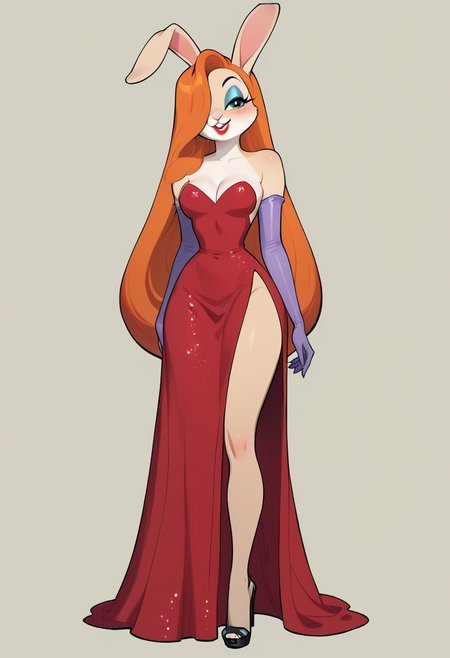 score_9, score_8_up, score_7_up, score_6_up, score_5_up, score_4_up, RedDress_JessicaRabbit_ownwaifu, long hair, hair over one eye, green eyes, rabbit ears, makeup, Anthro bunny, tan fur, long dress, absurdly long hair, very long ginger hair, furry, makeup, lipstick, bare shoulders, cleavage, red dress, strapless, elbow purple gloves, high heels, side slit, smirk, blushing, partial nudity, full body, BREAK, masterpiece, show style, show accurate, flat colors, soft shading, simple background,
<lora:JessicaRabbitXL:1>