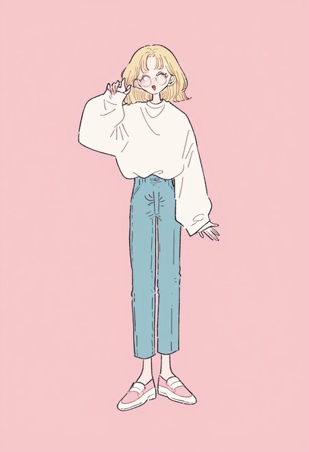 score_9, score_8_up, score_7_up, score_6_up, source_anime, <lora:rikuwo_v0.3-pony:1>
1girl, solo, open mouth, bangs, blonde hair, simple background, shirt, long sleeves, standing, full body, shoes, glasses, pants, hand up, medium hair, arm up, sleeves past wrists, pink background, white footwear, round eyewear, pink footwear, pink-framed eyewear