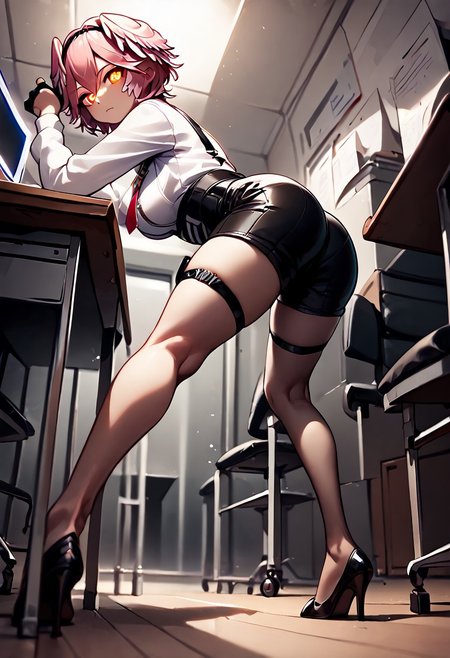 score_9,score_8_up,score_7_up,score_6_up, detailed face, detailed background, luiFirst, pink hair, short hair, parted hair, double-parted bangs, hair between eyes, black hairband, hair wings, black choker, white shirt, chest harness, breast zipper, red necktie, white ascot, long sleeves, white shirt, black gloves, partially fingerless gloves, thigh strap, high-waist shorts, leather shorts, black shorts, pantyhose, strappy heels, black footwear, crosshair pupils, yellow eyes, + +, symbol-shaped pupils, office, indoors, tallgts, from behind, from below, leaning forward, looking back, about to sit on chair, ass, long legs, size difference, miniguy on chair, imminent ass crush, scene of two cartoon anime characters together