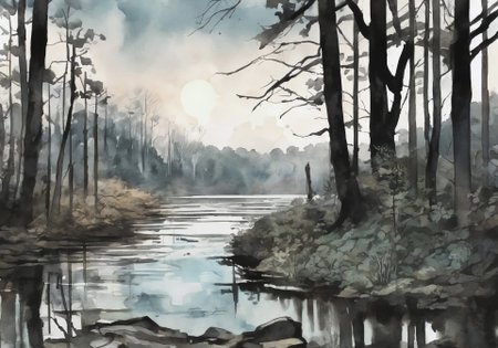 *Channel_42*
*The background for a new anime horror sci-fi visual novel*
*Watercolor* *Charcoal* *Stencil* *1920s* *Colorized* 
*Woods* *Trail* *clearing* *lake*
*Evening* *Spring* *Clear*