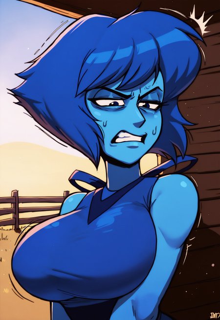 safe_pos, safe_pos, Score_9_up, score_8_up, score_7_up, ljn, BREAK,

1girl, solo, bust shot, short hair, blue hair, navy blue eyes, colored skin, blue skin, sleeveless, blue dress, irritated expression, gritted teeth,

lapis Lazuli, massive breasts, BREAK,

farm, barn,