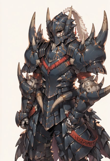 (score_9:0.9),score_8_up,score_7_up,rating_safe,anime style,(zPDXL),<lora:Akantor armor - male ponyXL v1:0.8>,akantor armor,full armor,solo,black helmet,1boy,male focus,standing,upper body,black gauntlets,black shoulder armor,white feather,black armor boots,black armor skirt,covered face,