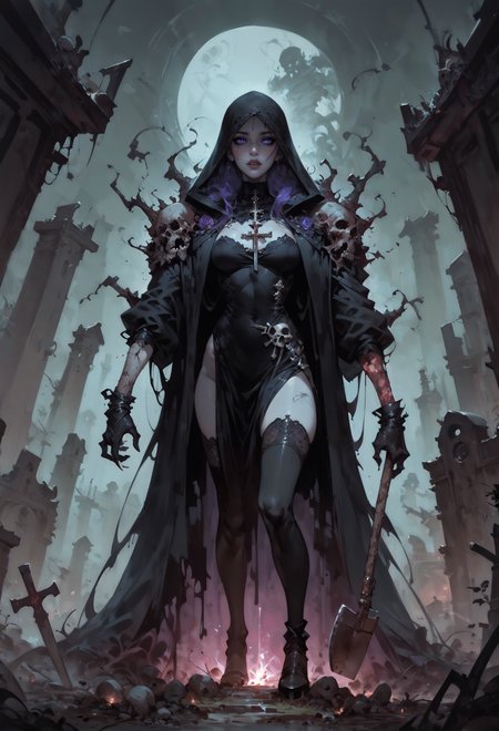 score_9, score_8_up, score_7_up,   1girl, necromancer, dark robes, gloves, thighhighs, dark veil, purple hair, purple eyes, black eyeshadow, black lipstick, in a graveyard BREAK burning crosses, shovel, undead arms coming out of the ground, black flowers, gothic, horror, dynamic view,  <lora:Fant5yP0ny:0.8>  <lora:Concept Art Twilight Style SDXL_LoRA_Pony Diffusion V6 XL:0.8> Concept Art,   <lora:Expressive_H-000001:0.8> expressiveh,   <lora:sinfully_stylish_SDXL>