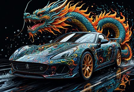 Finely detailed vector illustration, classical sports car, chinese dragon, symbiosis, ultra realistic quality, interwoven pattern, black background, hyperdetailed, intricately detailed,  triadic colors,fantastical,intricate detail,splash screen,complementary colors, fantasy concept art, 8k resolution, masterpiece, oil painting, thick strokes, rich strokes, running drops,