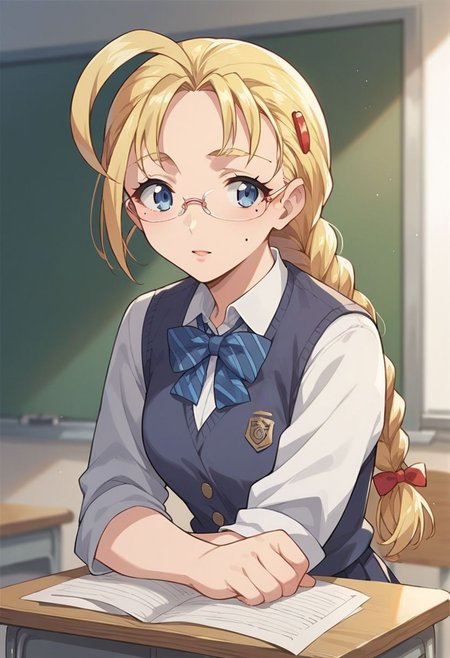 score_9, score_8_up, score_7_up, source_anime,miu furinji, blue eyes, blonde hair, long hair, 1girl, solo, glasses, braid, mole, ahoge, hair ornament, hairclip, school uniform, mole under eye,classroom