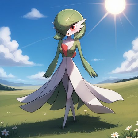 score_9, score_8_up, score_7_up, score_6_up, score_5_up, score_4_up,
 luminekoStyle,
1 girl, gardevoir, green_hair, green_skin, hair_over_one_eye, 
rating_explicit,
field, grass, walking, sun, clouds,