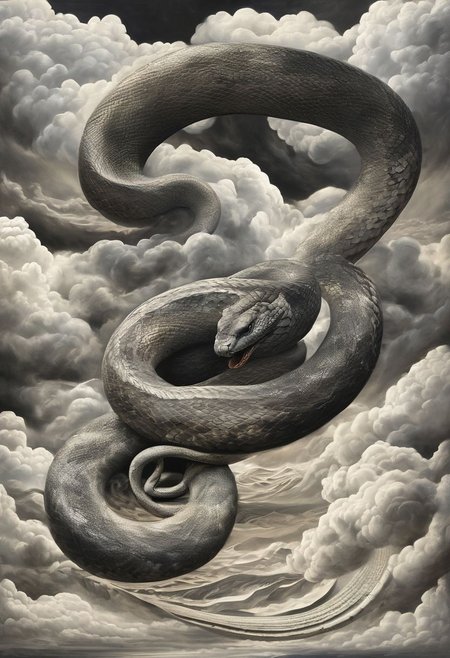 masterpiece, the highest quality,  air element,sky,clouds,in the sky,snake(white),big snake, celestial serpent,storm clouds