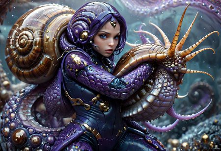 (upper body shot), (long legged demon woman|alien on her back in an intricate spacesuit with a transparent helmet that covers her face completely shooting a ray gun that shoots rays in an O shape, perfect, intricate, :1.1), wearing a super sexy leather ranger outfit, by Moebius and H. R. Giger and Stefan Martiniere and Tomer Hanuka, (A giant snail|octopus attacking),  hyper detailed, award winning on artstation.com,(intricate details, masterpiece, best quality:1.4), looking at viewer, dynamic pose, wide angle view, dense fog, Different shades of blue and purple, embellished with gold decoration, fractal art, in the style of nicola samori, Intense gaze, Bright... ,Model, expression