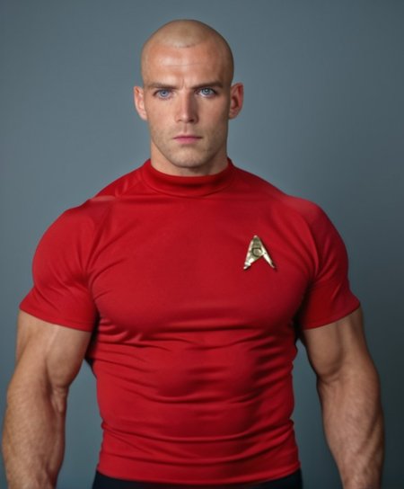 1boy, 20 year old male, Handsome, masculine, blonde, star trek, red shirt, muscle,  tall, tight shirt, wide pectorals, big shoulders, wide shoulders, muscular neck, German, standing at attention, bald, big pale blue eyes, abs, biceps, serious facial expression, phaser, hand,

stunf, star trek uniform,