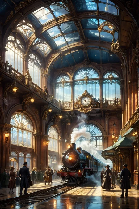 A hyper-realistic, surreal scene of a Victorian-era train station with intricate architectural details, featuring a grand iron and glass roof, ornate lampposts, and bustling activity. The station is filled with people in period clothing, adding to the authentic atmosphere. A steam locomotive, with billowing white steam and gleaming brass fixtures, is seen approaching the platform, ready to come to a halt. The lighting is dramatic, with rays of sunlight piercing through the glass roof, casting a warm, golden glow on the scene. The textures of the stonework, the polished wood, and the metal are captured with stunning detail, creating a vivid, lifelike representation of the era. The overall ambiance is rich and immersive, evoking a sense of nostalgia and wonder. Hyper-realistic, surreal, vibrant, detailed, intricate, authentic, dramatic lighting, lifelike, nostalgic, immersive.
<lora:ral-mtclniscp-sdxl:0.7> ral-mtclniscp,
<lora:add-detail-xl:1.0>,
<lora:EnvyBetterHiresFixXL01:1.0>,
<lora:extremely_detailed:1.0>, extremely detailed,
<lora:EldritchMixIllustration_1.1:0.5>,
<lora:zavy-cntrst-sdxl:0.75> dark, chiaroscuro, low-key,