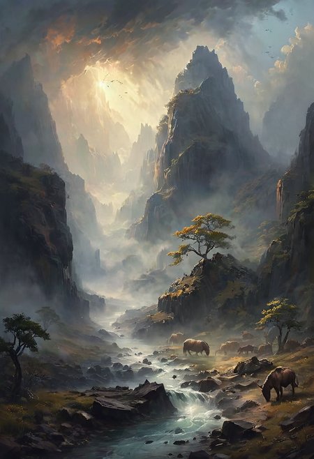 View from a rocky ledge to a massive, weathered ark resting between two high, jagged hills. The scene is shrouded in a thick, ominous fog, with an eerie stillness in the air. The ark, appearing ancient and majestic, looms large against the chaotic swirl of dark clouds above. The sky is filled with ominous, swirling clouds, casting deep shadows over the landscape. Animals of all kinds are faintly visible through the mist, gathering in pairs and moving towards the ark. The overall scene evokes a sense of awe and solemnity, capturing the profound moment of Noah's Ark amid the turbulent surroundings. [romantic impressionism,dream scenery art,beautiful oil matte painting,romantic,style of thomas kinkade,beautiful digital painting,anime landscape,romantic painting,dreamlike digital painting,colorful painting,beautiful gorgeous digital art,style of greg rutkowski,janek sedlar,jenny saville:0] <lora:vivid_everclear:1>