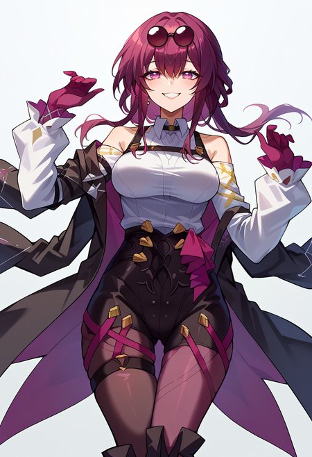 score_9, score_7_up, source_anime, solo, come hither, smile, cowboy shot, BREAK   <lora:Degen_Kafka_beta_v1:1> kafka, eyewear on head || white shirt, black jacket, eyewear on head, pantyhose, asymmetrical legwear, bare shoulders, thigh boots