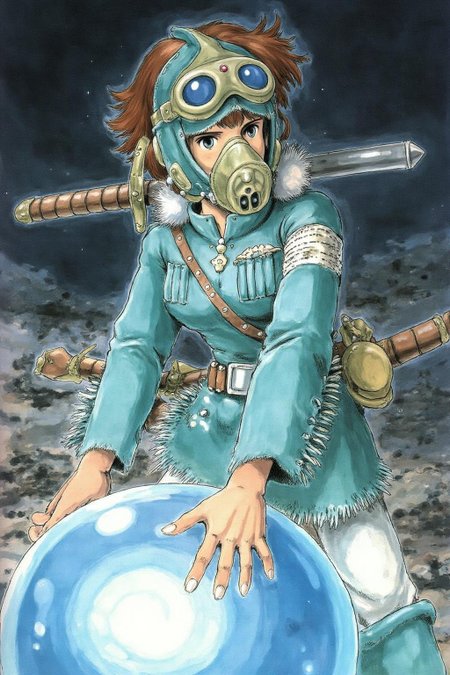 miyaha1 manga illustration 
A young, adventurous young woman with short, tousled brown hair, wearing a teal outfit adorned with white fur trim. She is wearing a gas mask. She has a determined expression and is carrying a sword. The girl's outfit is detailed with intricate stitching and fringes, suggesting a blend of practical and fantastical elements. Her hands are resting on a giant blue glowing orb. <lora:miyaha1_cap_d6a3e12:1.0><lora:818063396109922884:0>
