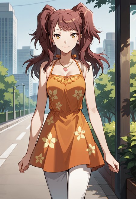 (masterwork, masterpiece, best quality, hyper-detailed),
1 girl, solo, 
p4rise, kujikawa rise, twintails, long hair, brown hair, earrings
p4rise-sumcas, heart necklace, pendant, dress, short dress, orange dress, halterneck, spaghetti straps, flower print, pants, capri pants, white pants,
outdoors, cityscape, trees, greenery, standing, cowboy shot, looking at viewer, smile,