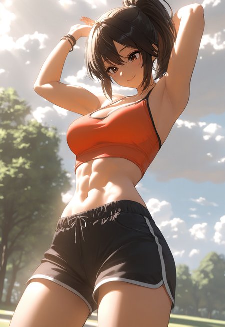 masterpiece, best quality, very aesthetic, absurdres, newest, highres, absurdres, dynamic lighting, sharp focus, depth of field, ambient occlusion, dynamic angle, daytime, outside, cloudy, park, trees, shade, greenery,

1girl, adult, sporty, toned, tanktop, cleavage, midriff, shorts, bracelet, high ponytail, standing, stretching, smile, medium breasts, Enchanting Eyes