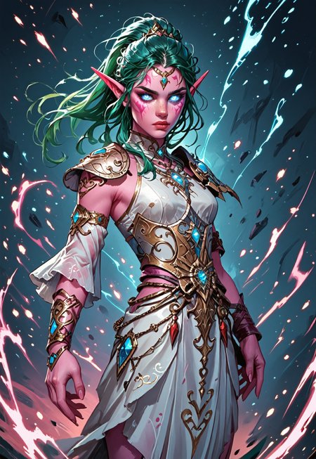 ((zPDXL3)), ((masterpiece,best quality, highly detailed)), ((score_9)), score_8_up, score_7_up, score_6_up, score_5_up, score_4_up, Digital painting style, brushstrokes, ((EnhanceImage)), solo, 1girl, TyrandeWoWXL, pink skin, colored skin, blue eyes, glowing eyes, green hair, long hair, hair ornament, ponytail, forehead ornament, long eyebrows, long pointy ears, medium breasts, armor, jewelry, detached sleeves, single sleeve, single shoulder armor, white dress, single armlet, single guantlet, armored footwear, toeless footweear,
Expressiveh, 30yo, adult lustful confident woman, petite, slender body, perky saggy natural breasts, full lips, bangs, sidelocks, straps,
chinese magical sorceress, animated, swirling magic, wisps of magic, dancing pose, tight squeezed outfit, magical accessories, evoking motion, conveying motion, dynamic splash art, 
<lora:PainterlyFantasiaPDXL:0.6>,