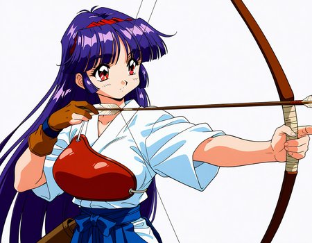 general,highres, ultra-detailed,very aesthetic,best quality ,best hands,  BREAK  <lora:Shiraishi_Yumiko_IS:1>ShiraishiYumiko, long hair, red eyes, red hairband, purple hair, large breasts, blunt bangs,
1girl, bow (weapon), weapon, holding bow (weapon), solo, gloves, 1990s (style), holding weapon, retro artstyle, holding, arrow (projectile), japanese clothes, kyuudou, archery, drawing bow, holding arrow, yugake, hakama, muneate, hakama skirt, partially fingerless gloves, single glove, fingerless gloves, skirt, blue hair