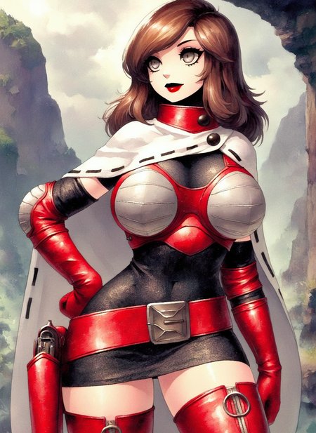 masterpiece, best quality, amazing quality, rdf02, FMIXF, vibrant details, SMTHEROI, 1girl, medium hair, long hair, sideswept hair, straight hair, brown hair, grey eyes, red lipstick, red neck armor, (white short cape, blue tape trim, buttons), (red breastplate, grey breast pads), huge breasts, breast hold, view from the side, black camisole dress, short black sleeves, elbow gloves, grey elbow pads, red belt, belt buckle, holster, red thigh boots, grey kneepads
