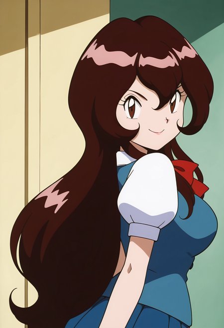masterpiece, best quality, solo, curvy, beautiful eyes, aged up, large breasts, wide hips, narrow waist, 1girl, solo, smile, looking at viewer, zzGiselle, brown eyes, hair between eyes, brown hair, long hair,   red bowtie, puffy short sleeves, blue vest, buttons, blue skirt, smug,  <lora:GisellePokemon_IXL:1.0>,     upper body, side view, smile, looking at viewer, shiny skin,