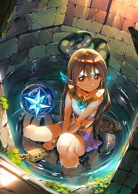 by dsmile9, , by yogisya
beautiful girl,  cleavage, close up 
 piercing eyes
 masterpiece, best quality, high quality, highres, absurdres, very detailed, high resolution, sharp, sharp image, 8k, vivid,stunning, anime, aesthetic
In the depths of an ancient dungeon, dimly lit torches cast flickering shadows on moss-covered stone walls. The air is thick with a musty scent, and the distant echoes of unseen creatures add an eerie ambiance. In the center of the dungeon, a courageous girl, adorned in worn but resilient armor, cautiously navigates the labyrinthine corridors.
Her path is illuminated by the soft glow of a magical crystal held in one hand, revealing intricate carvings and ancient runes on the dungeon walls. Sinister vines snake along the edges, hinting at an otherworldly presence. The girl's determined expression and the glint of a hidden key at her side suggest a quest for freedom or treasure, as she bravely faces the unknown challenges that lie ahead in this fantastical underground realm.