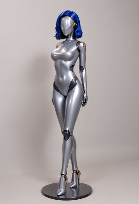 solo, A 35mm full length photo of  a beautiful 20 year old woman, she is a humanoid robot , robotic body, freckles, smooth featureless silver grey robotic skin, robotic aerials, metallic dark blue hair, elegant grey latex bodysuit with dark blue trim
TheFaceLess, mannequin, faceless, egghead