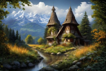 realistic analog photo, award winning photo, 
fantfa, background, mountain, stream, trees, foreground, field, house, farm, witow, a wizard watch tower,
high-quality, crisp, sharp, professional-grade, high-resolution, fine detail, accurate colors, low noise, fast shutter speed, wide dynamic range, precise focus, RAW, highres, 8k, uhd, High Dynamic Range, tonemapping, crisp details,