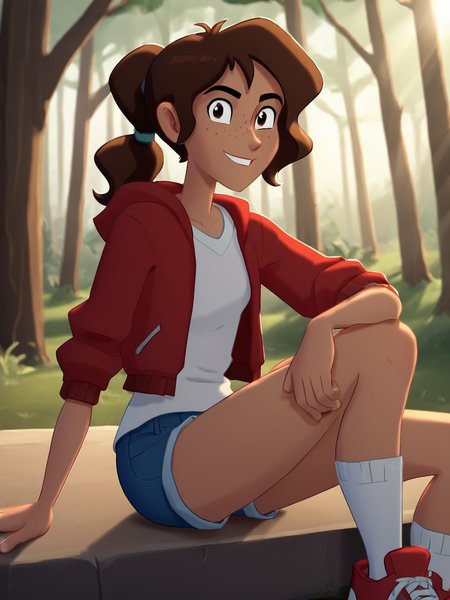 score_9, score_8_up, score_7_up, BREAK, Jun3D3lT0r0, 1girl, solo, brown hair, brown eyes, ponytail, freckles, white shirt, red jacket, denim shorts, white socks, red sneakers, smile, looking at viewer, sitting, forest, sunlight, shadows, natural lighting,   <lora:June Del Toro:0.9>