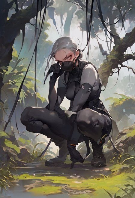 score_9, score_8_up, score_7_up, score_6_up, 1girl, ((face jav mask)), small breasts, black tight bodysuit, jungle, black boots, black tight  scuba, thigh, ((((((crouched on a very tall tree)))))), (((gray day))),(((serious eye))), ((black gloves)), ((details eyes)),
yyjytjr856856356sd73,