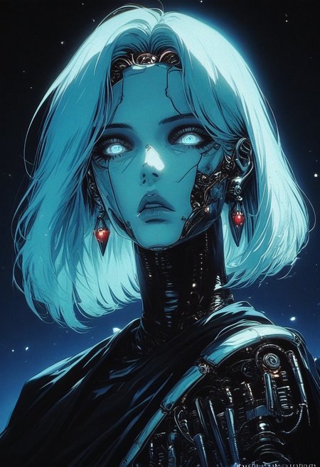 score_9, score_8_up, score_7_up, (unreal engine 5, unreal engine 3d scene), HD, details, high quality, rendered face, source_anime, good_hands. hourglass figure, perfect body,
score_9_up, score_8_up, score_7_up,source_anime, Chromecore,,highly detailed, sharp, masterpiece, intricate details, a sexy robot girl, simple background, dark and blue background, vibrant colors, colorful, metal skin, expressionless, serious, chromecore, bright, dark vibes, dark fantas, armor, monochrome, colored skin, gradient
BREAK
medium hair, earrings, cloak ,cape, jewelry, blue shorts, boots,
BREAK
soft skin, soft skin, shining glossy skin, soft abs, slim waist, (slender body),
Expressiveh, (volumetric lighting:1.2), cinematic, cinematic lighting, reflections, ultra hd, visual effects, graphic effects, 
ambient occlusion, raytracing, soft lighting, realistic, blum effect, masterpiece, absolutely eye-catching, particles, glow, shining, intricate cinematic background, (beautiful face), 
BREAK
 (score_9, score_8_up, score_7_up), (Masterpiece), (expressive eyes), 1girl, Automaton, colored skin, (white_skin:2.0), (joints:2.0), white hair, blue eyes, glowing blue eyes, <lora:MGE_V5.1:0.5>
BREAK 
score_9, score_8_up, score_7_up, score_6_up, score_5_up, 
<lora:mitraXLP:1> mitra,
<lora:Kenva:1.0> knva, halftone effect,