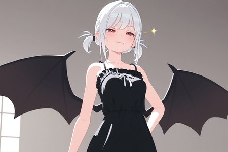 masterpiece, extremely detailed, high resolution, high-definition, 8k, 3d, red eyes, white hair, smug, smile, black dress, bat wings, <lora:3dvector-artstyle-000030:0.6>