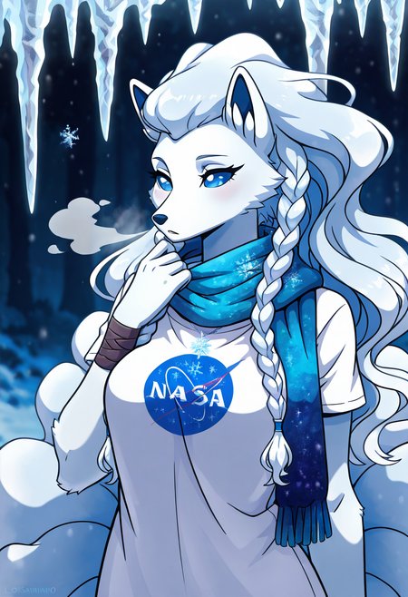 masterpiece, best quality,    zzNinetalesA, 1girl, solo, twin braids, windblown fringe, white t-shirt, embroidered scarf wrapped around neck, icicle-shaped necklace, frost-covered backdrop, medium bust shot. Her expression is fierce yet thoughtful as snowflakes cling to her twin braids. A thick scarf embroidered with icy runes wraps around her neck, partially covering the soft fabric of her white t-shirt. The cold air glitters around her, her breath misting in front of a softly frosted backdrop as if sheâs bracing for a coming storm.  N4S4,   ,<lora:NASAShirtAnime_IXL_v1:1.0>,   <lora:NinetalesAlolanPokedex_IXL_v1:0.8>,
