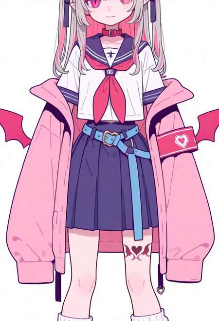Flatline, Flat vector illustration, looking at viewer, full_body, 
niji-ririmu,flat chest,red eyes,long eyelashes,grey hair,streaked hair,multicolored hair,pink inner hair,pointy ears,fang,heart tattoo,tattoo around thigh,long hair,two side up,black hair ribbon,saggy hair ribbon,red wings,demon wings, 
niji-ririmucos1,serafuku,white shirt,short sleeves shirt,red neckerchief,midriff,blue belt,loose belt,blue skirt,miniskirt,pleats skirt,white socks,loose socks,red choker,red collar,pink jacket,off shoulder jacket,armband,long sleeves,sleeves past wrists,sleeves past fingers, 
slim, slender, fair skin, clear skin, beauty skin, smooth skin, shiny skin, beautiful legs, long legs, 
from front, front view, straight-on, look at viewer, standing, (legs apart:1.4), 
white background,