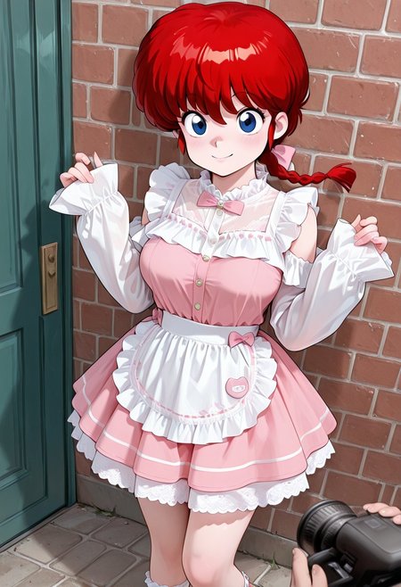 masterpiece,best quality,amazing quality,very aesthetic,absurdres,newest,huge filesize,
<lora:spo_sdxl_10ep_4k-data_lora_webui:0.5>,
<lora:add-detail-xl:1>
tachihana,
expressive, 1girl, solo, ranma-chan, red hair, long hair, single braid, blue eyes, medium breasts, 
BREAK
pink skirt, maid dress, long sleeves, pink bow, apron, lace trim, hair bow, sleeves past wrists,
BREAK
girl standing in front of a brick wall, posing, smile,
BREAK
cosplay_photoshoot, multiple boys, camera,