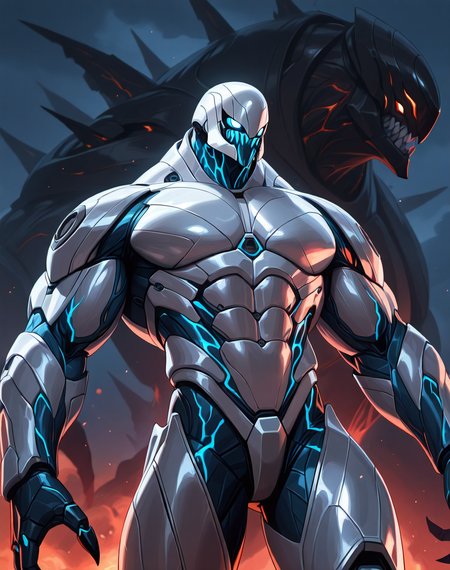 score_9, score_8_up, score_7_up,
8K, In'ei, chiaroscuro, perfect depth of field shot, beautiful, sharp focus, crisp details, masterclass animation, photographic realism, source_anime,
<lora:Kaiju_Drone_(Pacific_Rim)_(Illustrious)_(AD):1> Kaiju Drone, Pacific Rim, muscular, robot, mecha, 
exterior, night sky with dark clouds, city skyline, destroyed skyscrapers, chaotic war zone, dark smoke, 
dynamic action, bent leg, cowboy shot, dutch angle, low angle shot, male focus, kaiju, monster, sharp white teeth, multiple rows of glowing blue eyes, ((glossy white metal body)), bioboosted armor, black kaiju skin with glowing blue veins, evil, villain, unstoppable, invulnerable, mechanical perfection, genetically perfect bio engineered kaiju, bioboosted armor, mecha armor, hyper intelligent, super strength, bio mechanical,
thick arms, thick legs, large shoulders, large biceps, abs, wide thick upper body, large rounded protruding pecs, thick neck, hyper muscular, jacked body, 
BREAK zPDXL, Smooth Quality, IllusP0s,