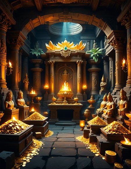 score_9, score_8_up, score_7_up,amazing quality, ultra realistic, 3D, HD, best quality, amazing quality, very aesthetic, absurdres
A hidden treasure chamber deep within an ancient temple, illuminated by the warm golden glow of torches and mystical blue light from enchanted crystals. The room is filled with piles of gold coins, jewel-encrusted goblets, and ancient artifacts covered in dust. Massive stone statues of forgotten deities guard the chamber, their eyes glowing faintly as if watching intruders. In the center, a grand pedestal holds a legendary artifactâan ornate golden crown encrusted with emeralds and sapphires, shimmering with an otherworldly aura. The walls are adorned with intricate carvings depicting lost civilizations, and creeping vines hint at centuries of abandonment. The atmosphere is mystical and slightly eerie, with a sense of both wonder and danger. The air is thick with the scent of aged parchment and burning incense, adding to the chamberâs ancient and mysterious feel. Cinematic lighting with dramatic shadows enhances the depth and richness of the scene, creating a visually stunning and immersive environment.
<lora:SDXLFaeTastic2400:0.4> <lora:extremely_detailed:0.4> extremely detailed,treasure ch4mb3r, <lora:treasure_ch4mb3r-p:1>