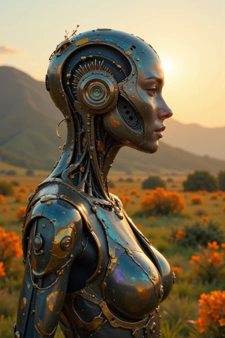 a robot beautiful  landscape photo, photography, Fujifilm XT-4 Viltrox, realistic, golden hour, woman, very intricate, very detailed, sharp, bright, colorful, <lora:Hand v2:0.5> <lora:Anti-Blur:1><lora:Insane Detail Slider:0.25>  <lora:flux.1_lora_flyway_Epic-detail_v2:0.3> <lora:fluxenhancer:0.25>