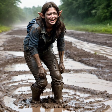 brunette cindyelfxl <lora:cindyelfxl:0.7> large pointed:2 ears side view, Cindy jumping and splashing in ankle-deep mud, laughing, muddy, covered in mud, dirty