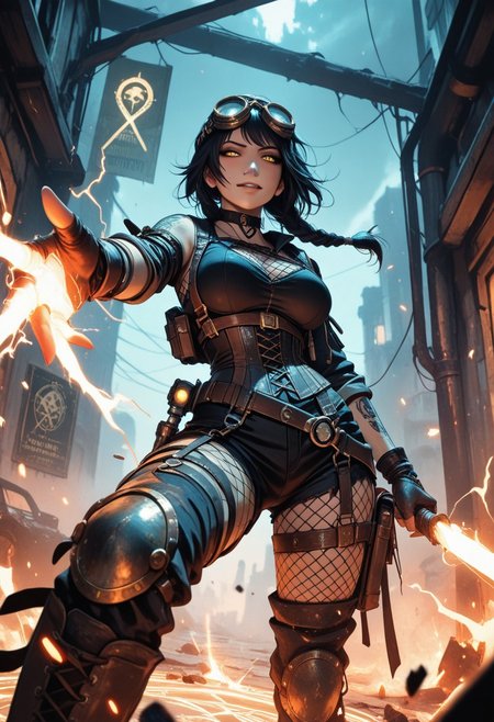 highres, very detailed, amazing quality, masterpiece, very aesthetic, glitter, particle effect, 1girl, solo, beautiful eyes, tan skin, double braided ponytail, tattoo, arm tattoos, neck tattoos, chest tattoos, skimpy top, body strap harness, fishnets under clothing, large breasts, choker, seducing, seductive, flirty, tender, loving, playful,
steampunk combat mage, tactical gear fused with arcane design, glowing brass fittings, enchanted utility belts, belts with vials of glowing liquid, arcane badge on hip, goggles pushed up on head, armored fingerless gloves, corset-integrated spell amplifier, glowing circuitry tattoos, magical police emblem,
charging a spell in one hand, electricity and flame swirling violently, intense smirk, eyes glowing with arcane authority, foreshortening on outstretched arm casting forward, spell circle forming at viewer POV, smoke and debris rising around her boots,
ruined steampunk city, flickering streetlamps, shattered clockwork constructs around her feet, magical crime scene runes glowing on walls, wanted posters fluttering in spellshock wind, embers drifting in the air, dramatic orange/blue contrast lighting,
angle from below to emphasize dominance and power, cinematic lighting, dramatic depth of field, sparks and ash particles in foreground for motion blur