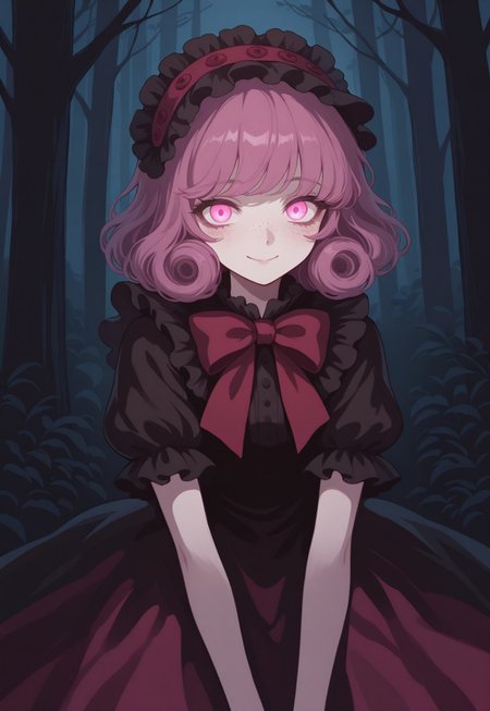 solo, ethereal, detailed, contemplative, 

forest, dark forest, 

Smile, 

1girl, freckles, solo, dress, pink_hair, bow, short_sleeves, glowing, strawberry humanization, night, glowing_eyes, headdress, smile, short_hair, curly_hair, puffy_short_sleeves, pink_eyes, red_bow, looking_at_viewer, frills, 

(748cmstyle:1.3) 

masterpiece,best quality,amazing quality, detailed, 
