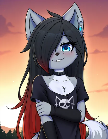 masterpiece, best quality, very aesthetic, absurdres,
outdoors,
upper body, standing, posing, 
goth fashion, 
 seductive smile, parted lips, long eyelashes,
<lora:Kayla_Kitsune_v01_NAIXL:1>
K41l4,1girl,solo,furry,furry female,very long hair,multicolored hair,black hair,red hair,gradient hair,hair over one eye,animal ears,earrings,blue eyes,freckles,snout,animal nose,choker,body fur,wolf tail,