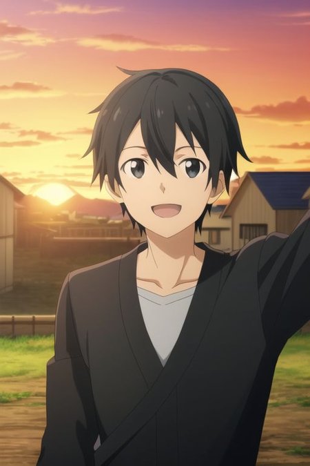 high resolution, professional photography, best quality, 1Boy, Kazuto Kirigaya, Black Hair, Black Eyes, potrait, laughing, very happy, half body, village, sunset, looking at viewer,,