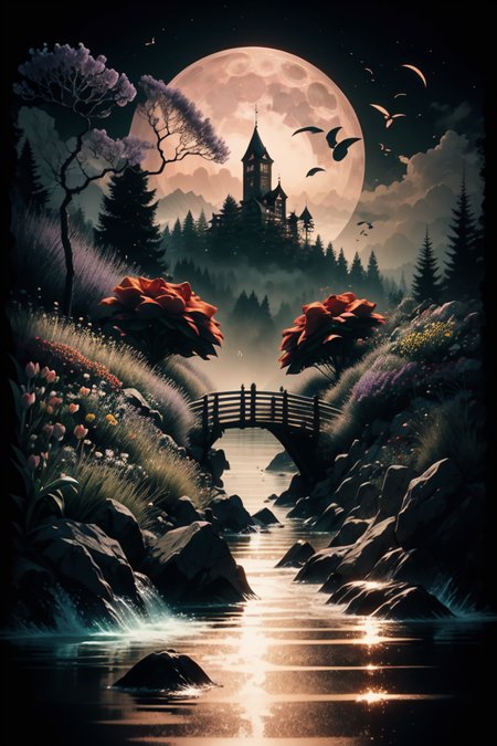 <lora:Calligraphy-ink-style-darquelilly-v1:1> calligraphyinkstyle, different flowers and gemstones, lavender, dahlia, tulips, mimosas, roses and poppies, harmonic fusion, volumetric lighting, night time, moonlight reflects in the water, black background,  <lora:Crystals:0.5> crystalz